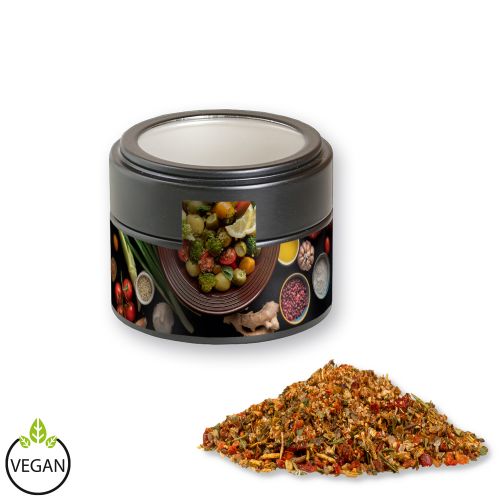 Mediterranean veggie mix, ca. 40g, metal tin mini black with window