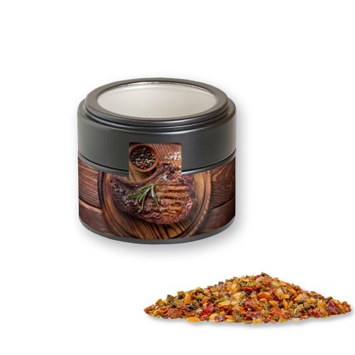 Steak pepper, ca. 60g, metal tin mini black with window