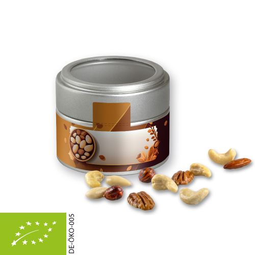 Organic nut mix , ca. 60g, metal tin mini silver with window