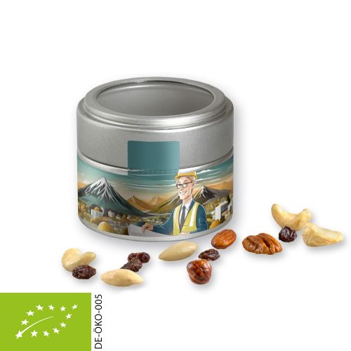 Organic trail mix, ca. 60g, metal tin mini silver with window