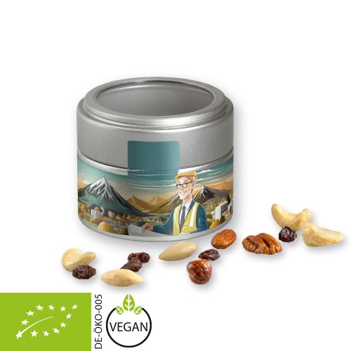 Organic trail mix, ca. 60g, metal tin mini silver with window