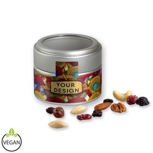 Premium trail mix, ca. 60g, metal tin mini silver with window