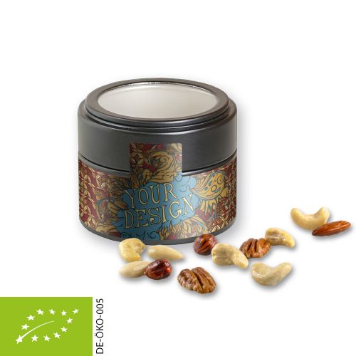 Organic nut mix , ca. 60g, metal tin mini black with window