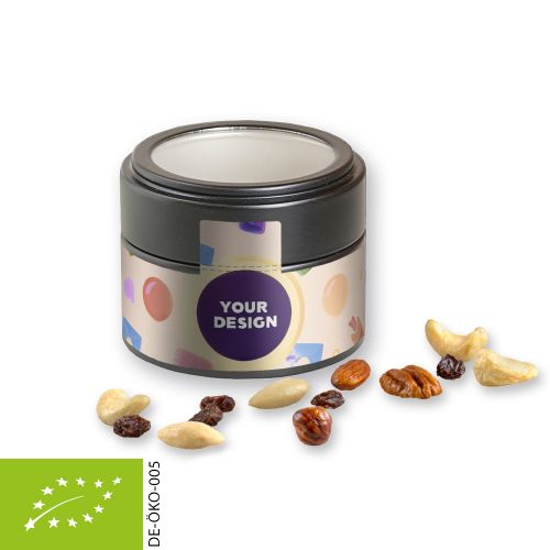 Organic trail mix, ca. 60g, metal tin mini black with window