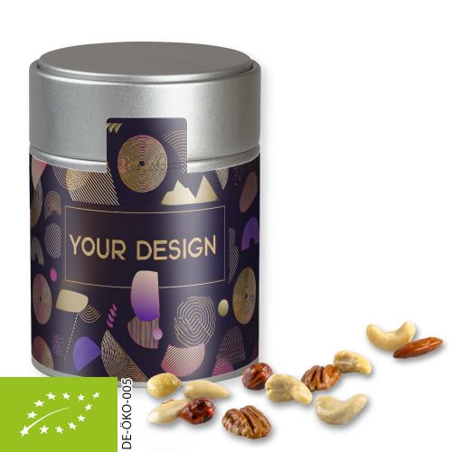 Organic nut mix , ca. 100g, metal tin midi silver