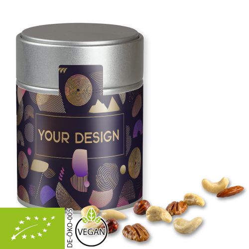 Organic nut mix , ca. 100g, metal tin midi silver
