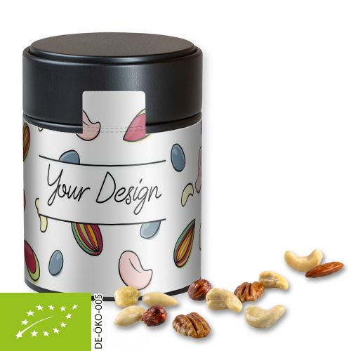 Organic nut mix , ca. 100g, metal tin midi black