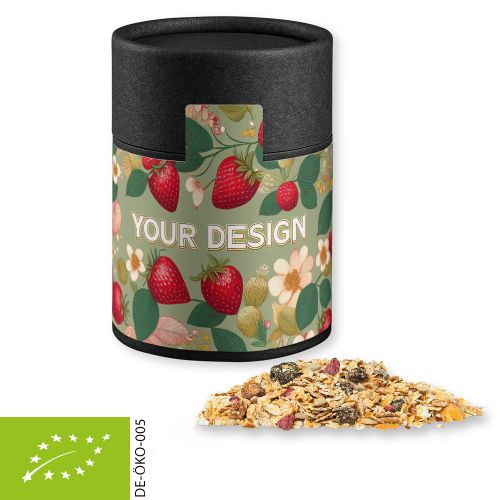 Organic muesli strawberry, ca. 60g, cardboard can midi black