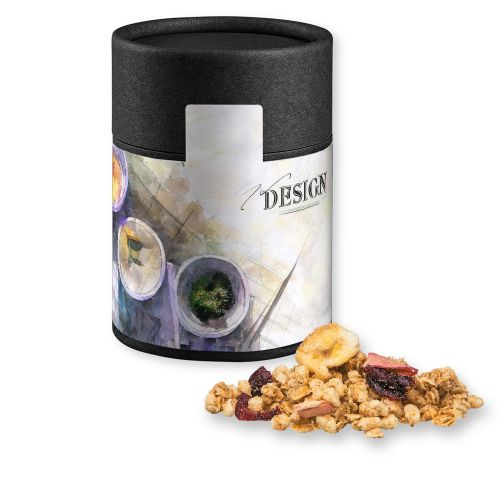 Muesli crunchy fruit, ca. 50g, cardboard can midi black