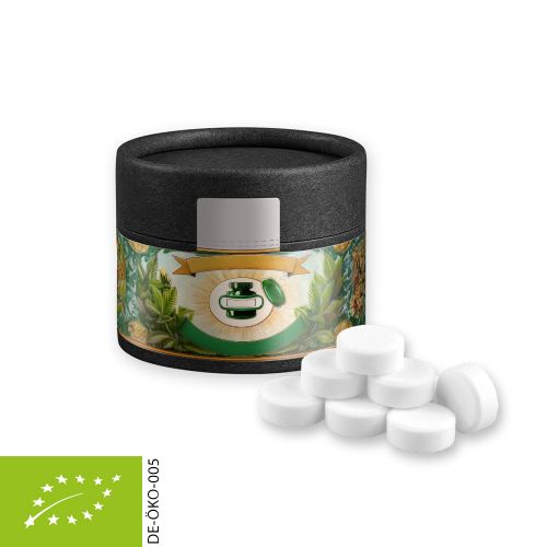 Organic peppermint drops, ca. 40g, cardboard can mini black