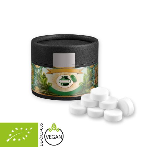Organic peppermint drops, ca. 40g, cardboard can mini black
