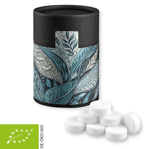 Organic peppermint drops, ca. 80g, cardboard can midi black