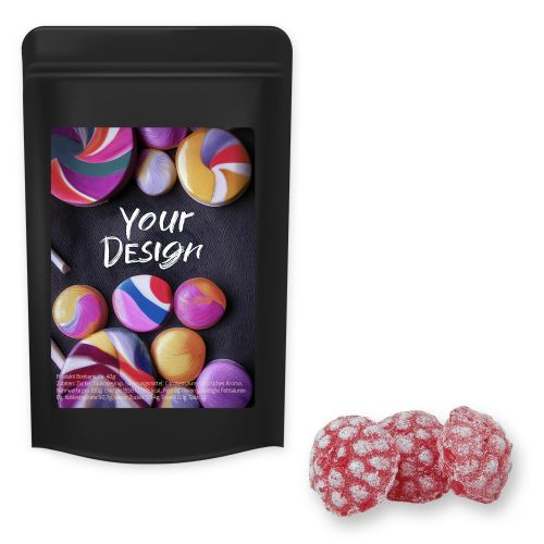 Raspberry candy, ca. 80g, midi stand up pouch black with label