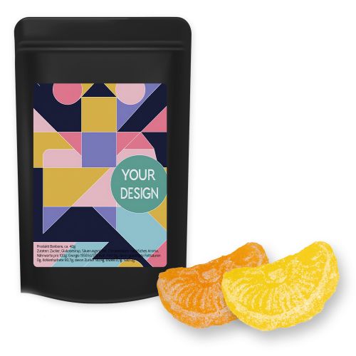 Lemon and orange candy, ca. 80g, midi stand up pouch black with label