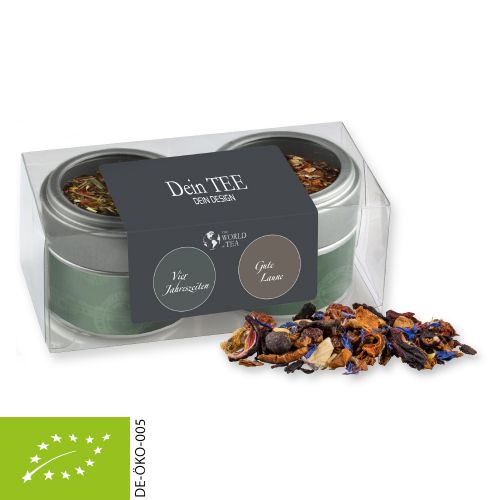 Various tea sorts organic and non organic, ca. 30-70g, 2-set metal tin mini with window with label