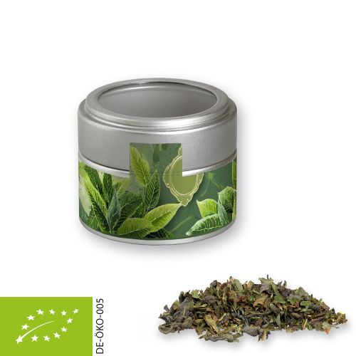 Organic green tea with mint, ca. 18g, metal tin mini silver with window