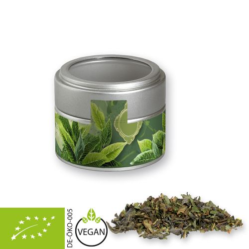 Organic green tea with mint, ca. 18g, metal tin mini silver with window