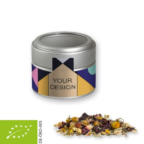 Organic herbal tea four seasons, ca. 15g, metal tin mini silver with window