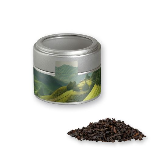 Black tea, ca. 25g, metal tin mini silver with window