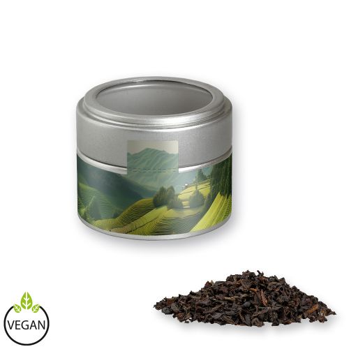 Black tea, ca. 25g, metal tin mini silver with window