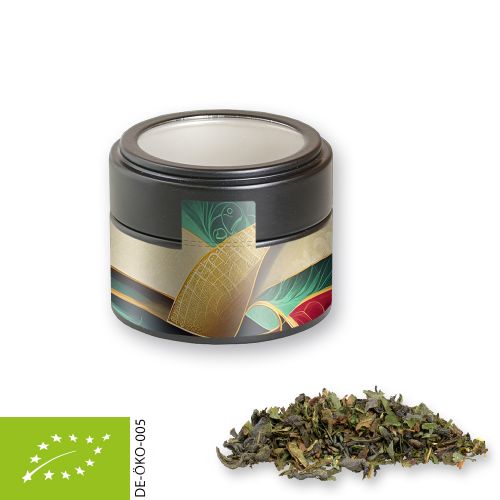 Organic green tea with mint, ca. 18g, metal tin mini black with window
