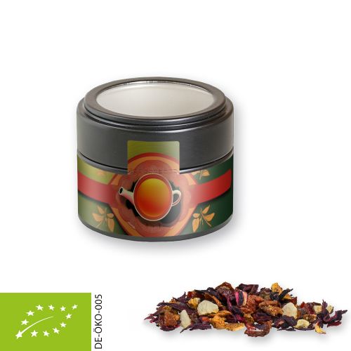 Organic fruit tea good mood, ca. 30g, metal tin mini black with window