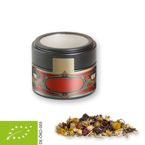 Organic herbal tea four seasons, ca. 15g, metal tin mini black with window