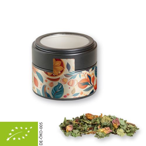 Organic herbal tea happiness, ca. 25g, metal tin mini black with window