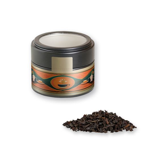 Black tea, ca. 25g, metal tin mini black with window