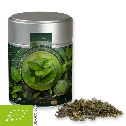 Organic green tea with mint, ca. 35g, metal tin midi silver