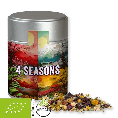Organic herbal tea four seasons, ca. 30g, metal tin midi silver