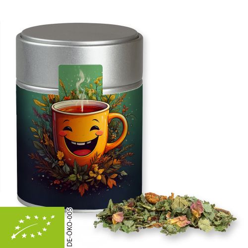 Organic herbal tea happiness, ca. 50g, metal tin midi silver