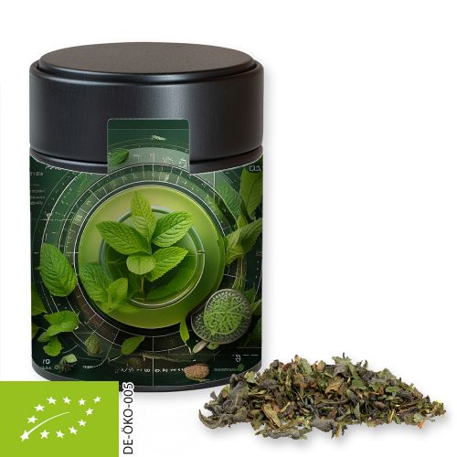 Organic green tea with mint, ca. 35g, metal tin midi black