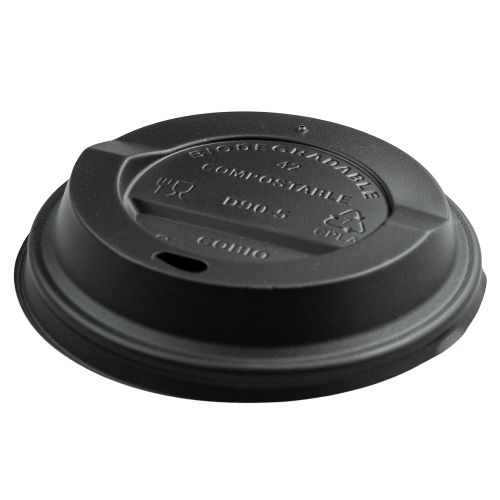 Packaging, ca. 1g, Compostable lids for cups black 90mm