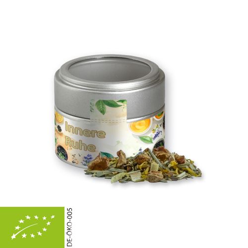 Organic herbal tea peace of mind, ca. 17g, metal tin mini silver with window