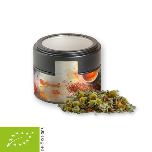 Organic rooibos tea relaxation time, ca. 25g, metal tin mini black with window