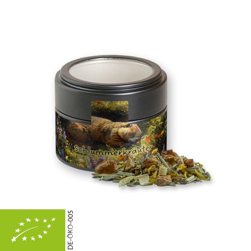 Organic herbal tea peace of mind, ca. 17g, metal tin mini black with window