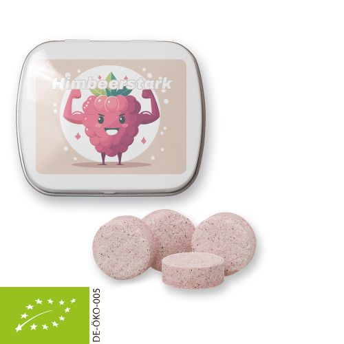 Organic raspberry drops, ca. 20g, mint tin white