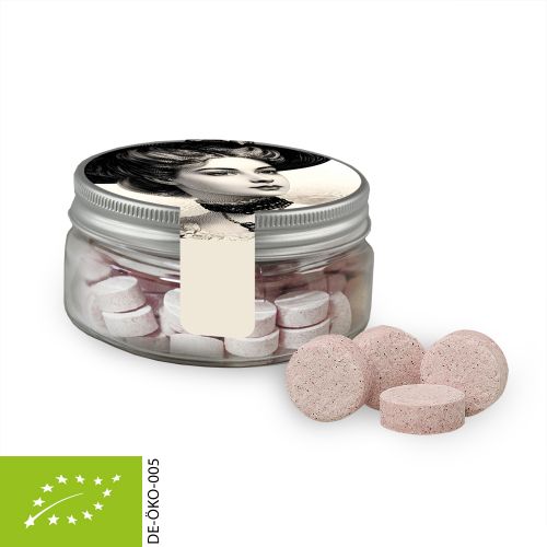 Organic raspberry drops, ca. 60g, mini sweet jar with label