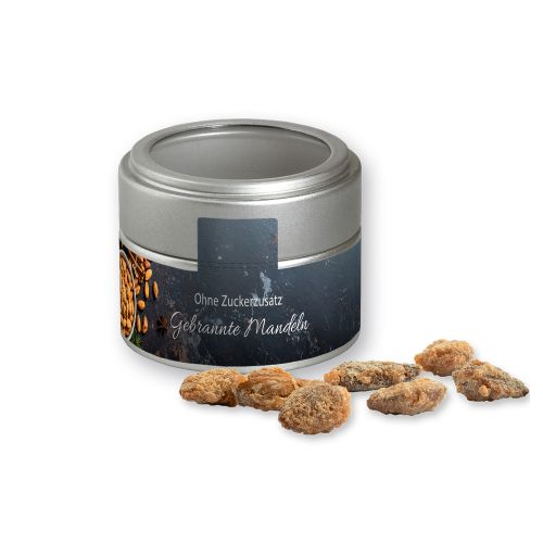 Burnt almonds with no added sugar, ca. 60g, metal tin mini silver with window